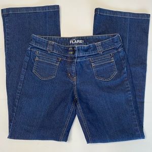 Y2K Low Rise Flare Leg Jeans Dark Wash Double Button Zip Fly Size 10 tall